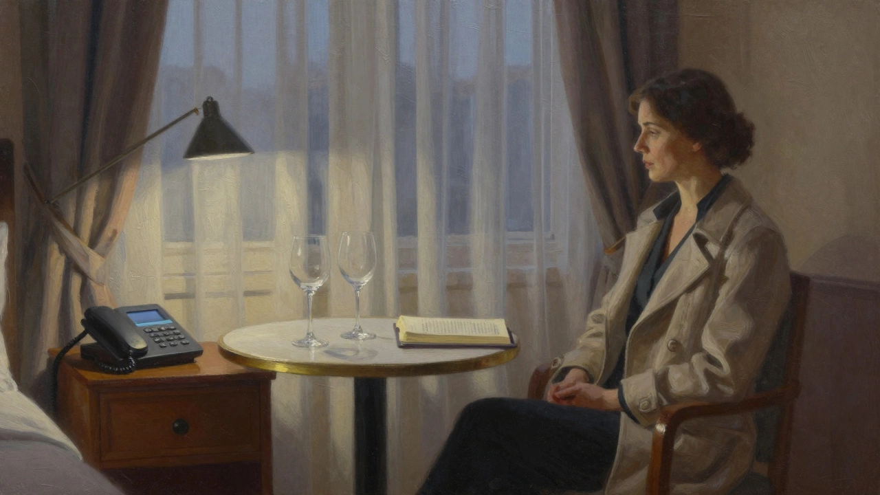 A discreet hotel room in Toulon at twilight, with wine glasses and an open book on a nightstand.