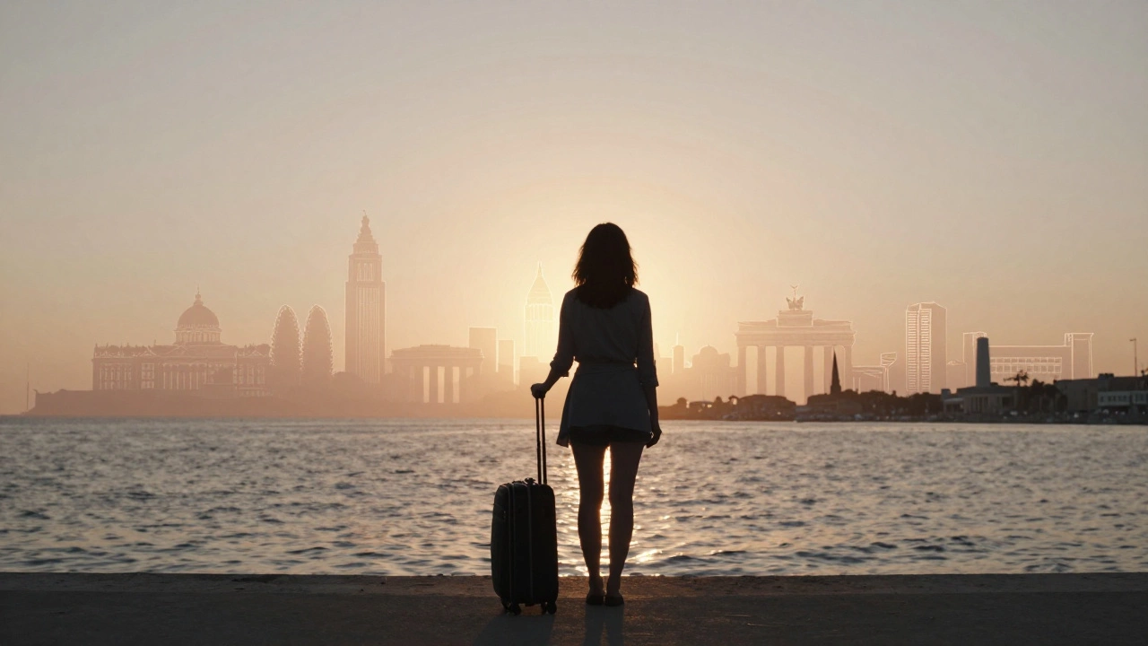 A woman stands alone on Toulon’s harbor pier at sunset, silhouetted against fading light and distant city outlines.