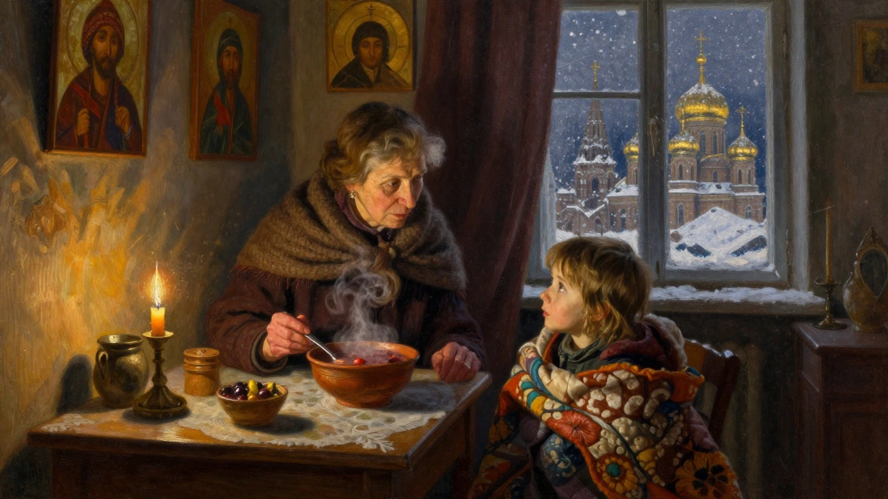 Elderly woman telling a story to a child by candlelight with borscht on the table.