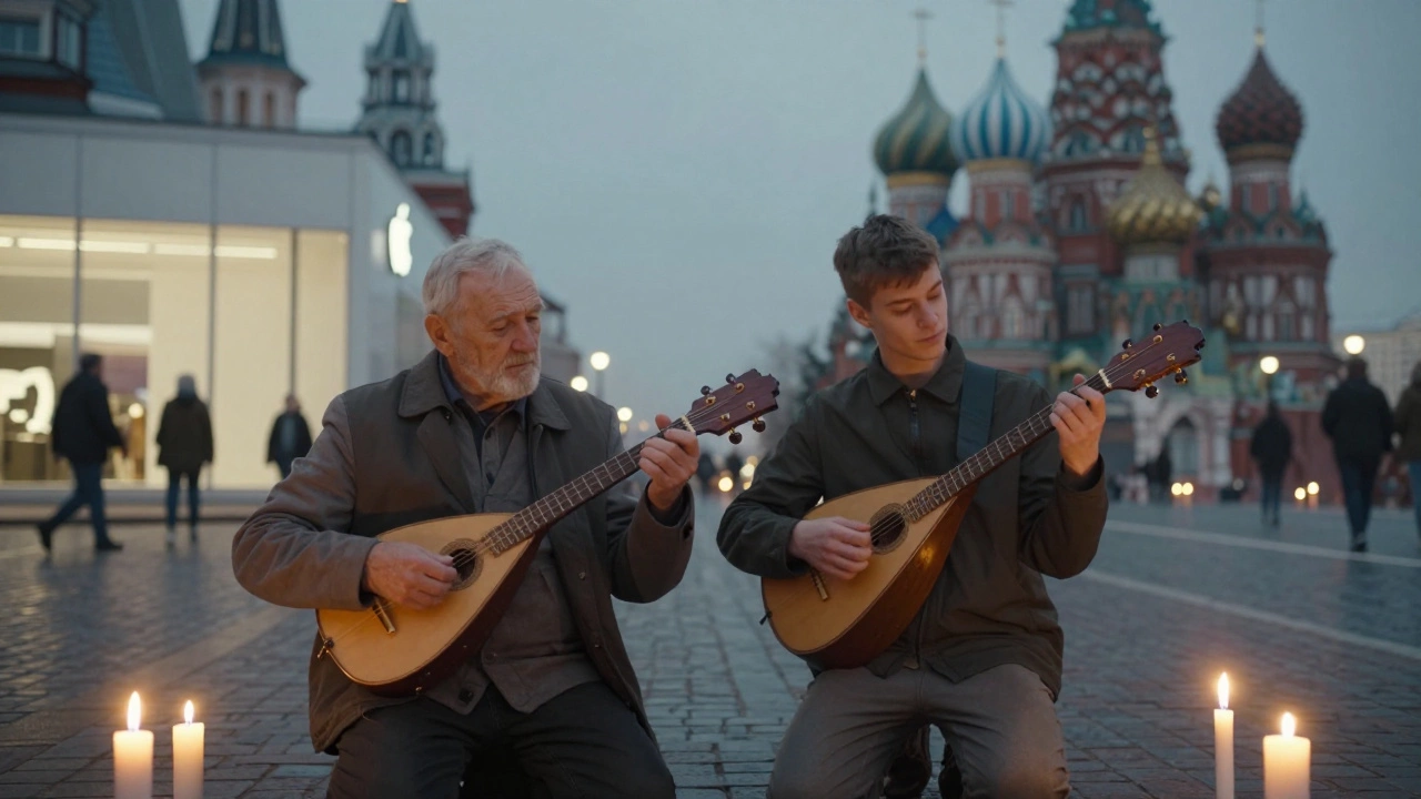 Teenager and grandfather holding balalaikas in a candlelit chapel.